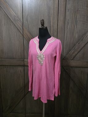 Lilly Pulitzer Pink Long-Sleeve Embroidered V-Neck Tunic
